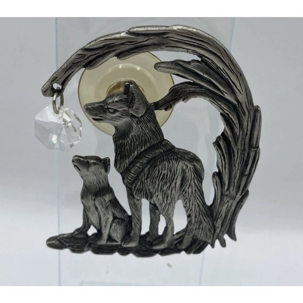 Pewter Wolf & Cub Howling At The Moon Window Sun Catcher Mirror Decor Ornament